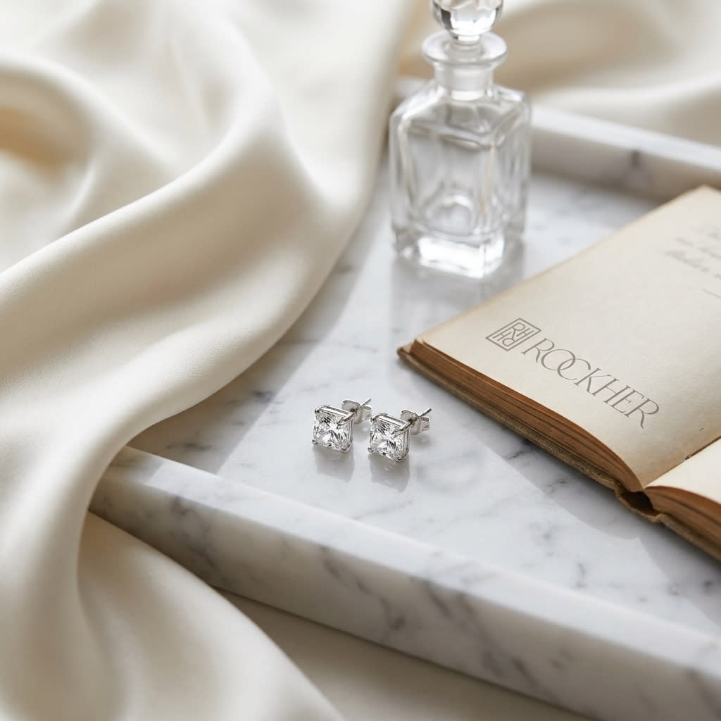Natural Diamond Round Brilliant Eight Prong Stud Earrings in Platinum, 1 ct. t.w., on marble vanity tray with silk