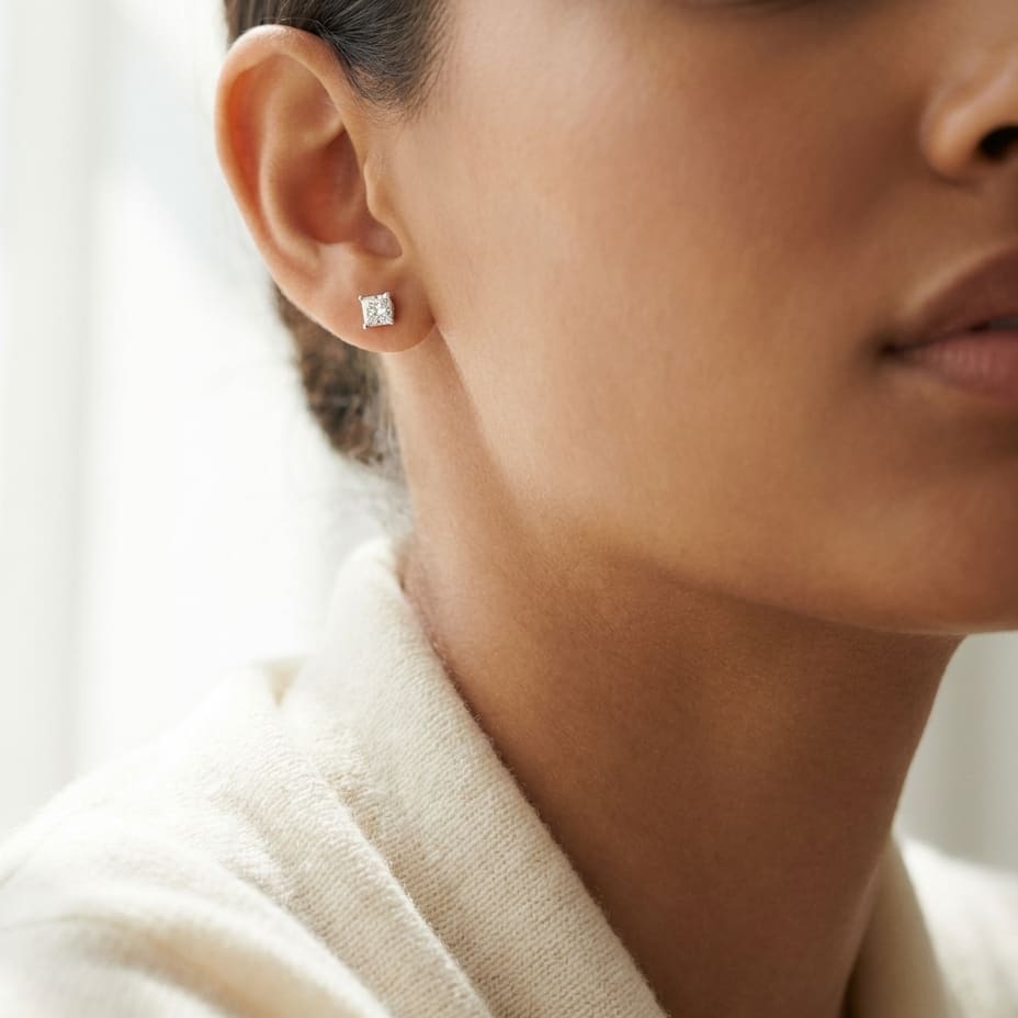 Natural Diamond Round Brilliant Eight Prong Stud Earrings in Platinum, 1 ct. t.w., worn close-up portrait
