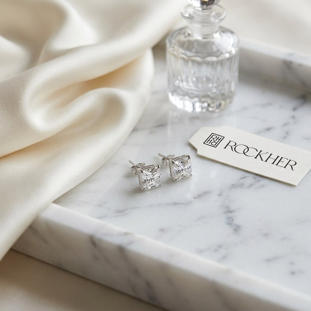 Natural Diamond Round Brilliant Eight Prong Stud Earrings in Platinum, 1 ct. t.w., on marble vanity tray with silk