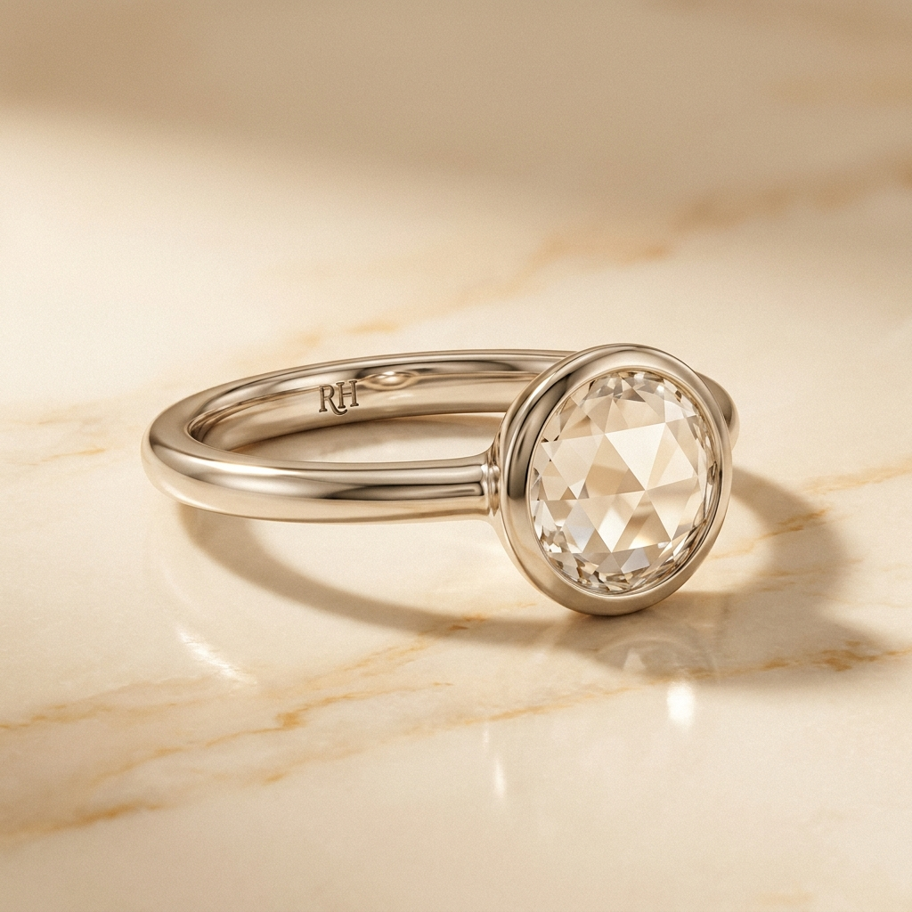 The Agnes Select bezel solitaire rose cut engagement ring in platinum — alt-angle hero — RockHer