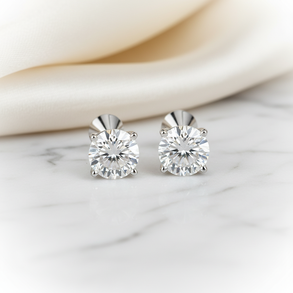 5ct tw Round Brilliant Natural Diamond Stud Earrings, Martini — 18K White Gold