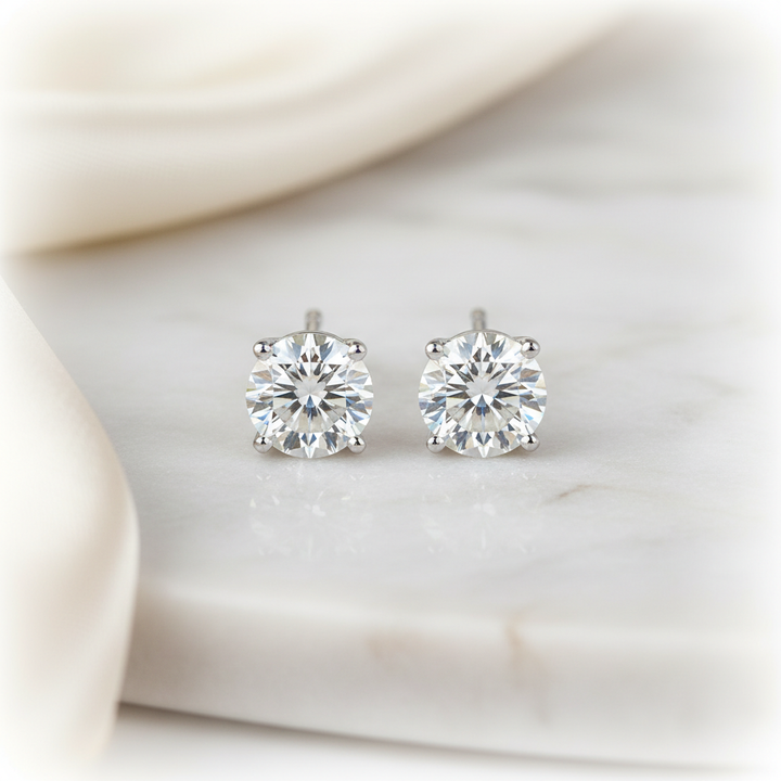 1.5ct tw Round Brilliant Natural Diamond Stud Earrings, 4-Prong — 18K White Gold
