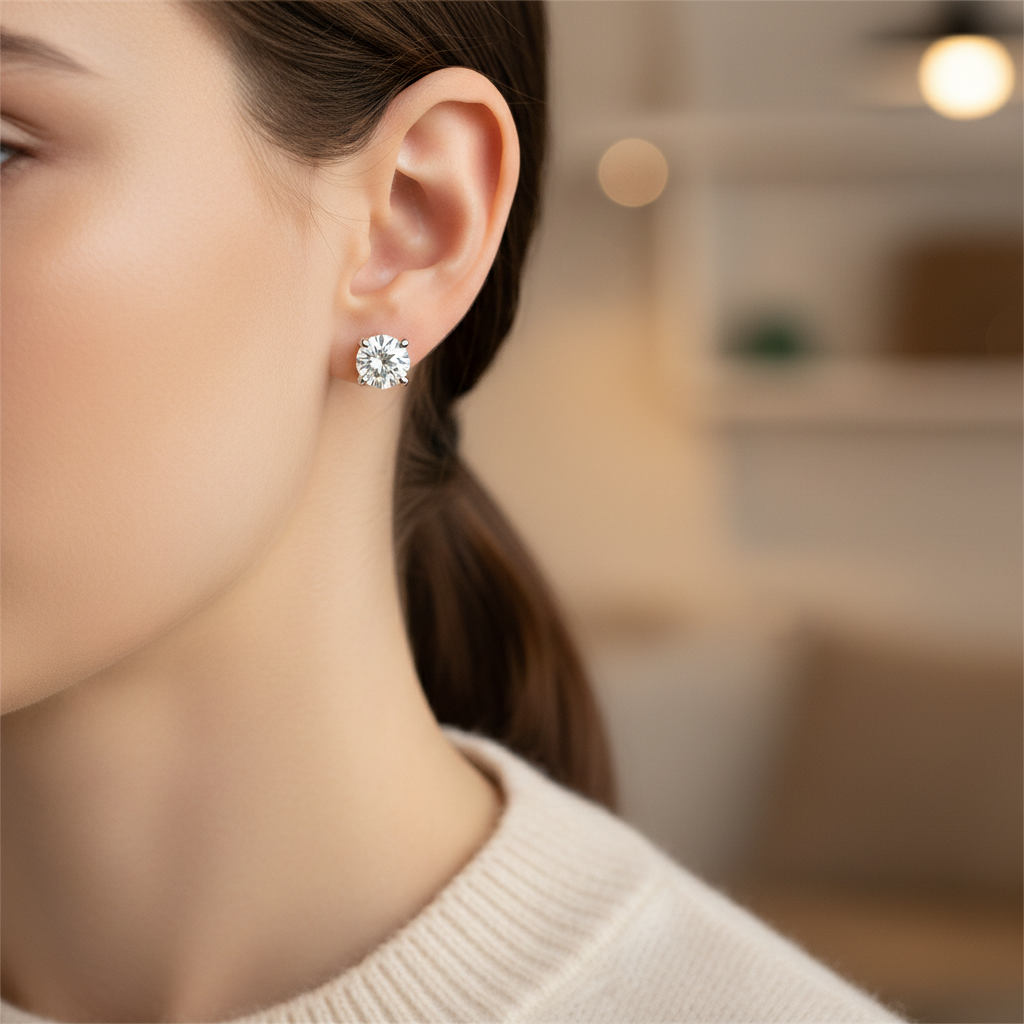 2ct tw Round Brilliant Natural Diamond Stud Earrings, 4-Prong — portrait close — 18K White Gold