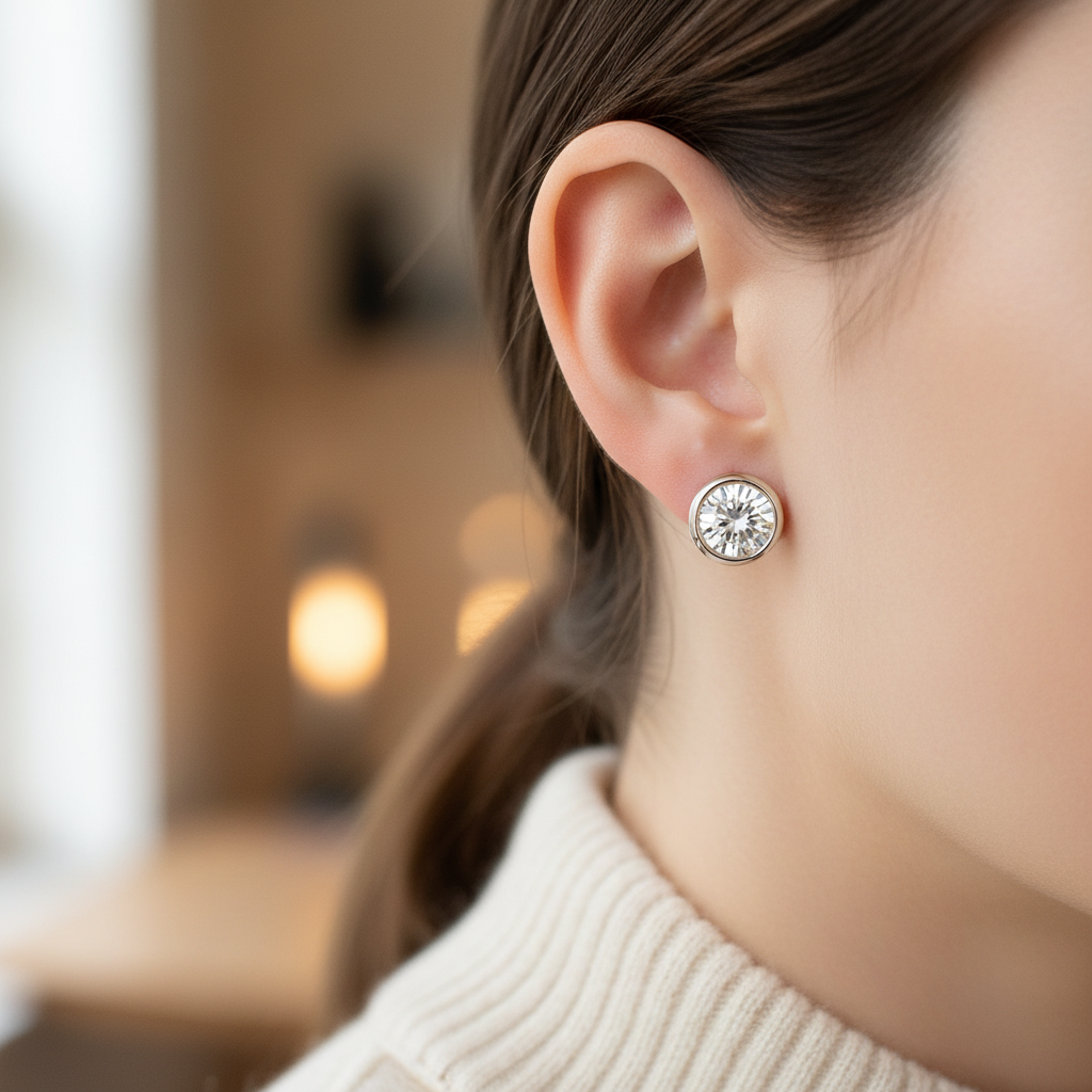 ต่างหูเพชรแล็บ ทรงกลม ฝังหุ้มขอบ ตัวเรือนทองคำขาว 18K จาก RockHer