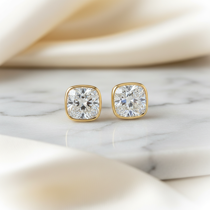 Lab Grown Diamond Cushion Bezel Stud Earrings · 3ct tw — 18K Yellow Gold
