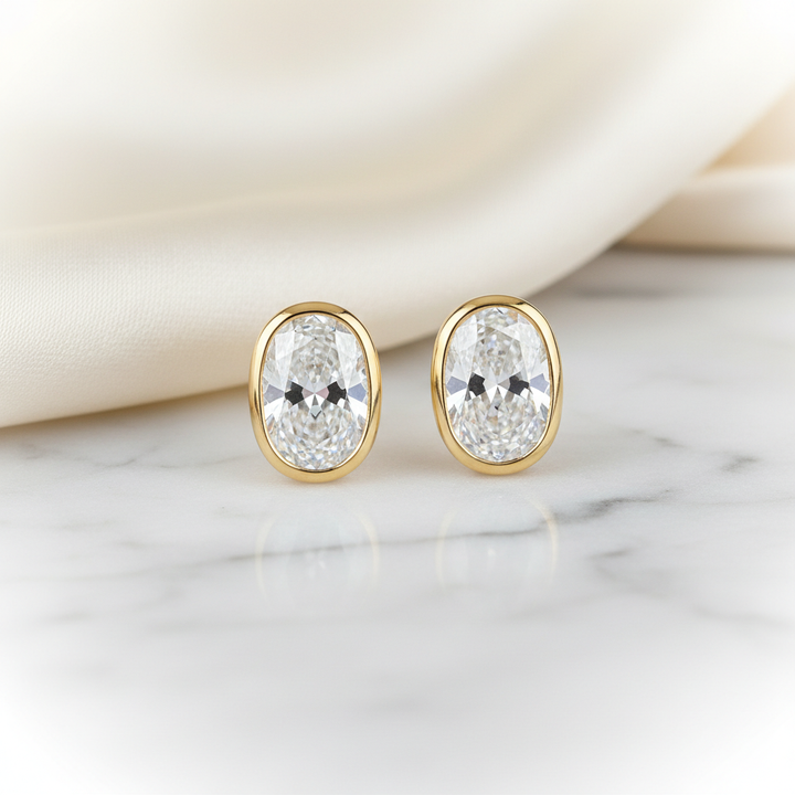Natural Diamond Oval Bezel Stud Earrings · 1ct tw — 18K Yellow Gold