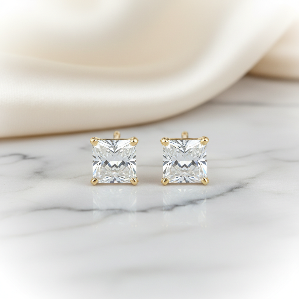 Lab Grown Diamond Princess 4-Prong Stud Earrings · 1.5ct tw — 18K Yellow Gold