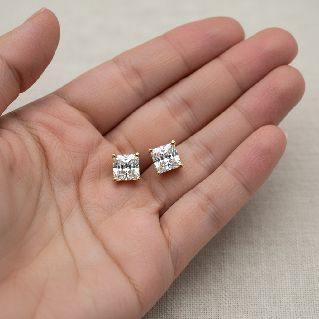 Lab Grown Diamond Princess V-Prong Stud Earrings · 1.5ct tw — hand full — 18K Yellow Gold