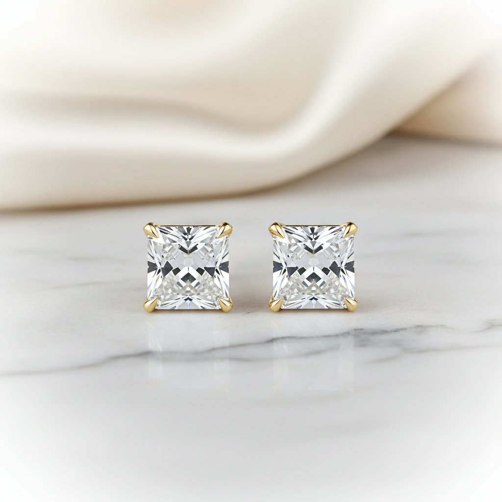 Lab Grown Diamond Princess V-Prong Stud Earrings · 1ct tw — 18K Yellow Gold