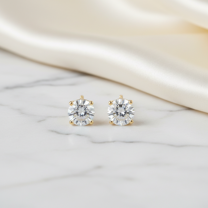 4ct tw Round Brilliant Natural Diamond Stud Earrings, 4-Prong — 18K Yellow Gold