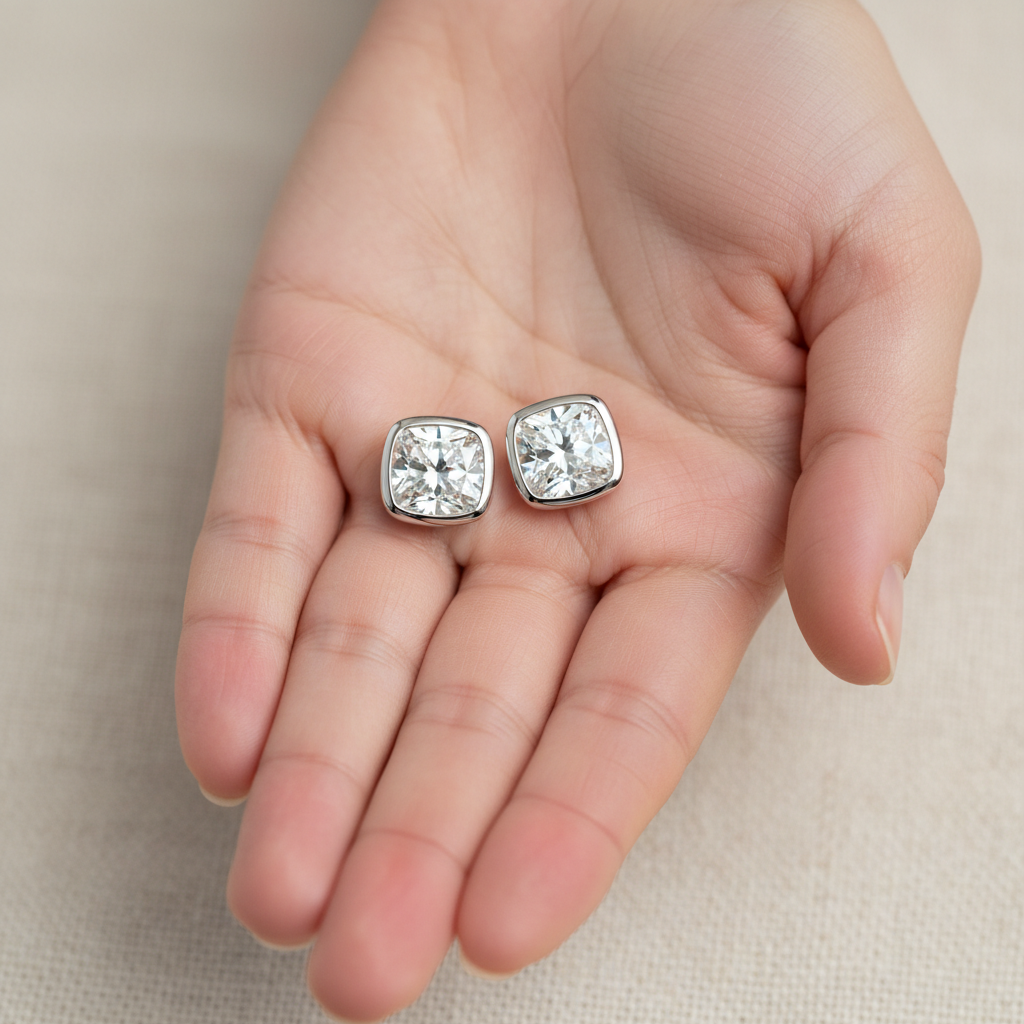 Lab Grown Diamond Cushion Bezel Stud Earrings · 1.5ct tw — hand full — 14K White Gold