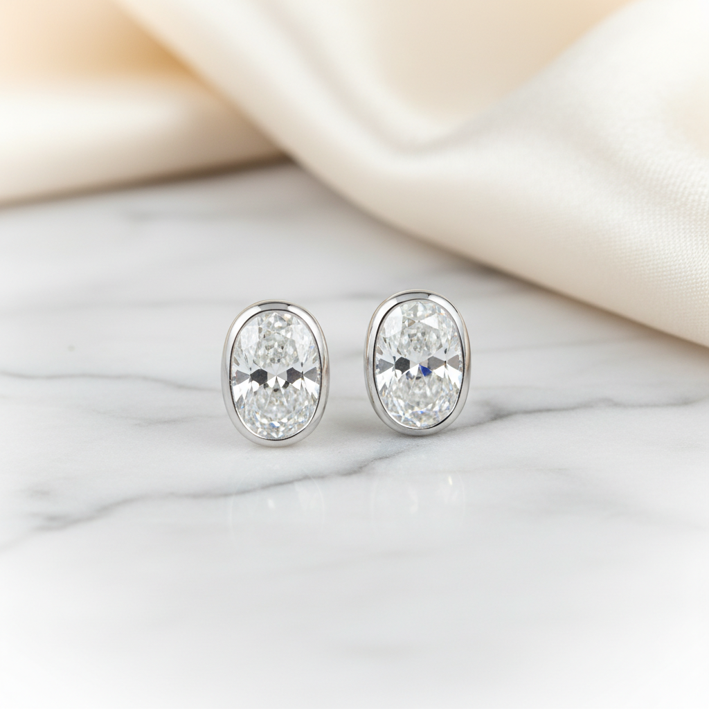 Natural Diamond Oval Bezel Stud Earrings · 2ct tw — 14K White Gold