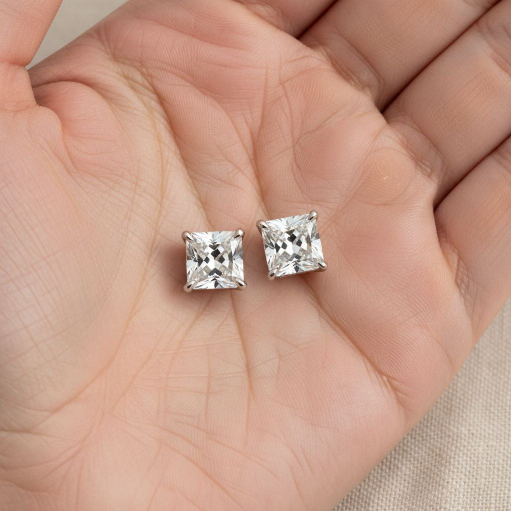 Lab Grown Diamond Princess V-Prong Stud Earrings · 2.5ct tw — hand full — 14K White Gold