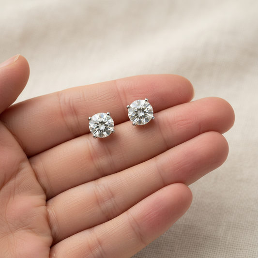 1.5ct tw Round Brilliant Natural Diamond Stud Earrings, 4-Prong — hand full — 14K White Gold