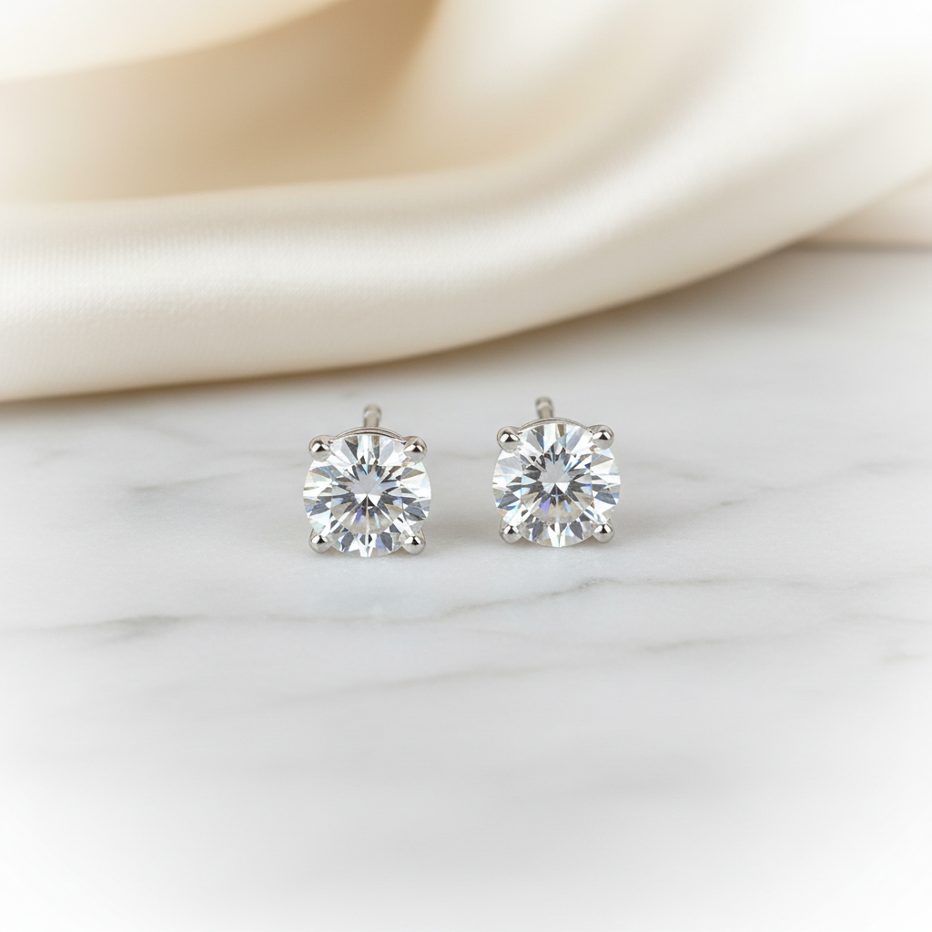 5ct tw Round Brilliant Natural Diamond Stud Earrings, 4-Prong — 14K White Gold