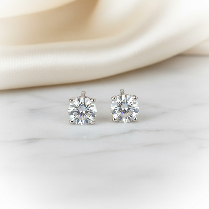 4ct tw Round Brilliant Natural Diamond Stud Earrings, 4-Prong — 14K White Gold