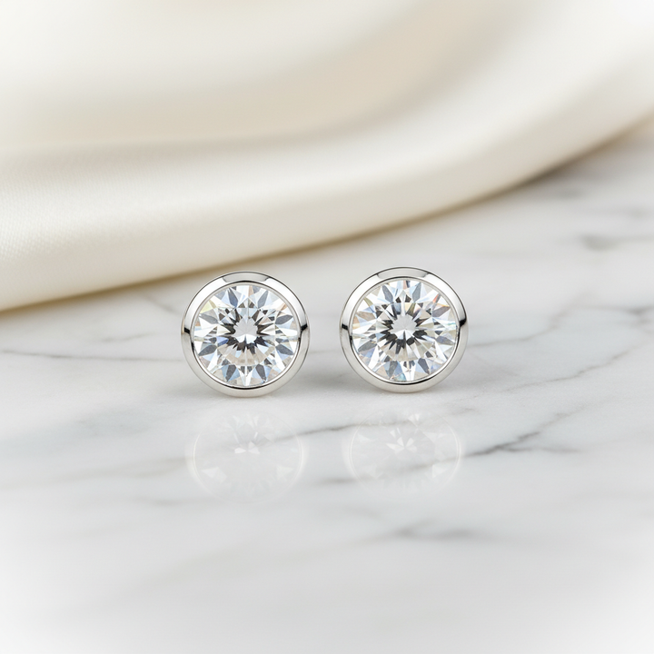 5ct tw Round Brilliant Natural Diamond Stud Earrings, Bezel — 14K White Gold