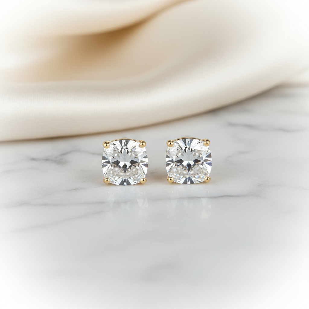 Lab Grown Diamond Cushion 4-Prong Stud Earrings · 2ct tw — 14K Yellow Gold