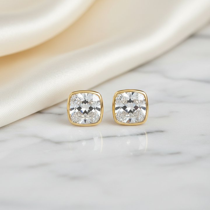 Natural Diamond Cushion Bezel Stud Earrings · 5ct tw — 14K Yellow Gold