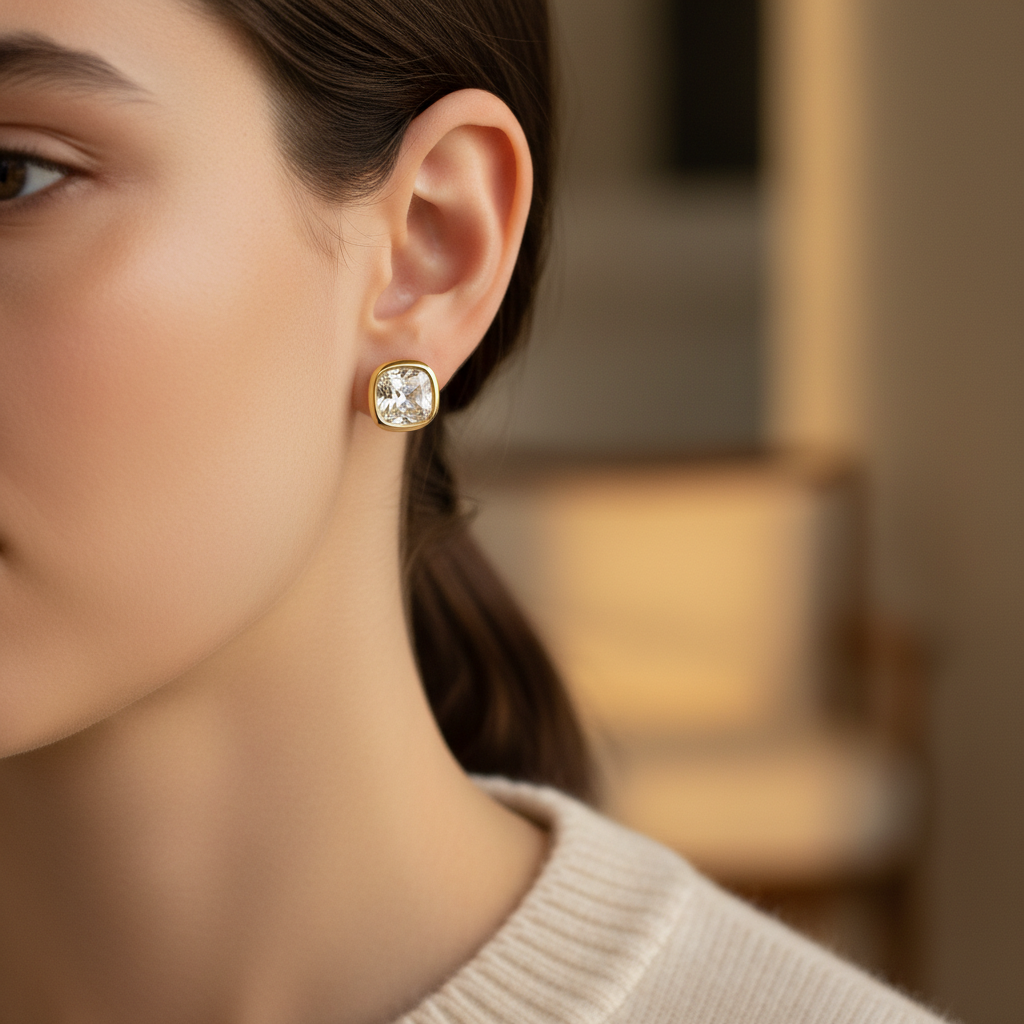 ต่างหูเพชร ทรงคุชชั่น ฝังหุ้มขอบ ตัวเรือนทองคำขาว 14K จาก RockHer