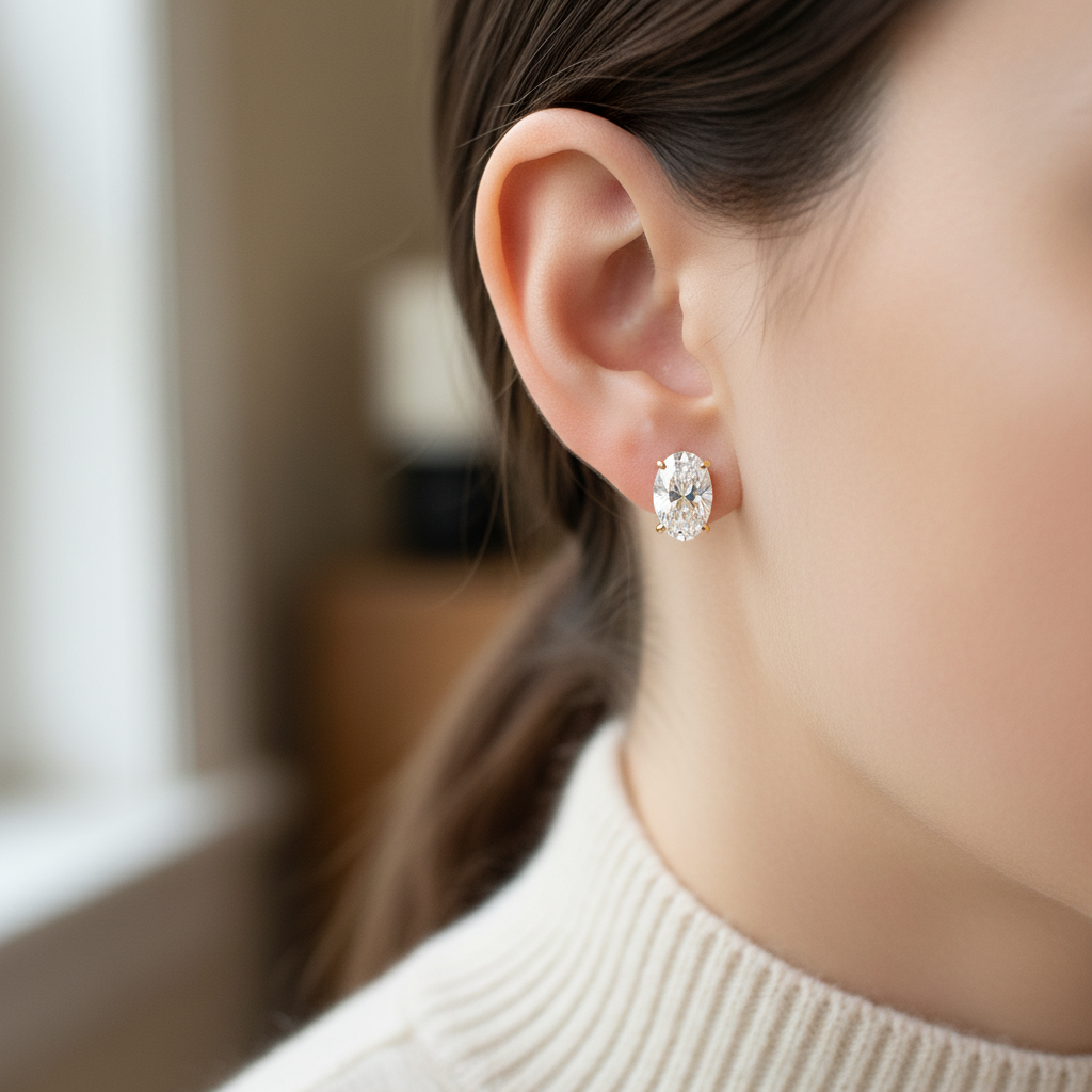 ต่างหูเพชร ทรงรี ฝังหนาม ตัวเรือนทองคำขาว 14K จาก RockHer