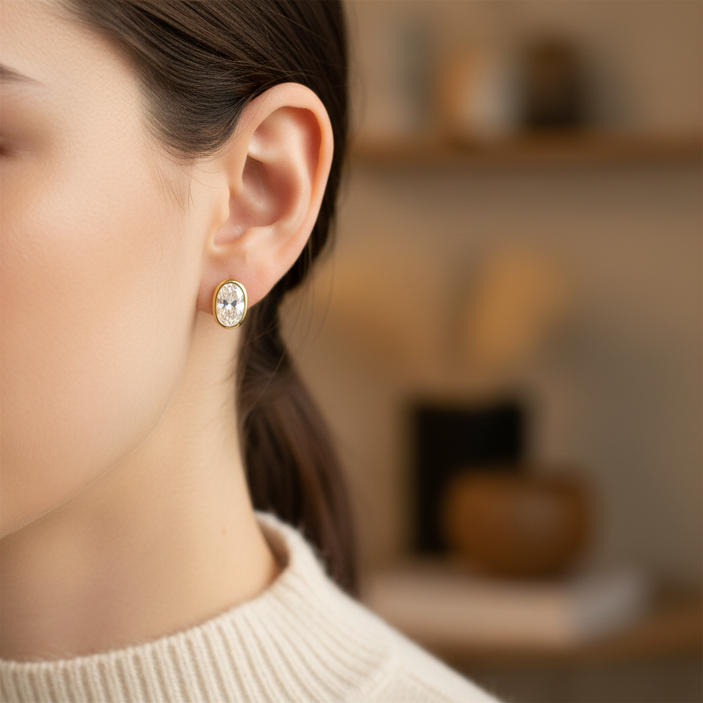 ต่างหูเพชร ทรงรี ฝังหุ้มขอบ ตัวเรือนทองคำขาว 14K จาก RockHer