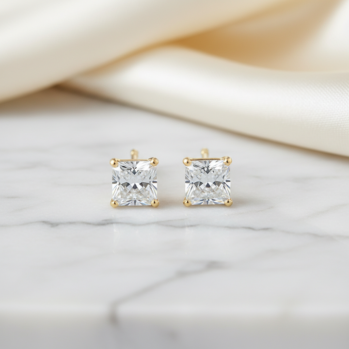 Lab Grown Diamond Princess 4-Prong Stud Earrings · 3ct tw — 14K Yellow Gold