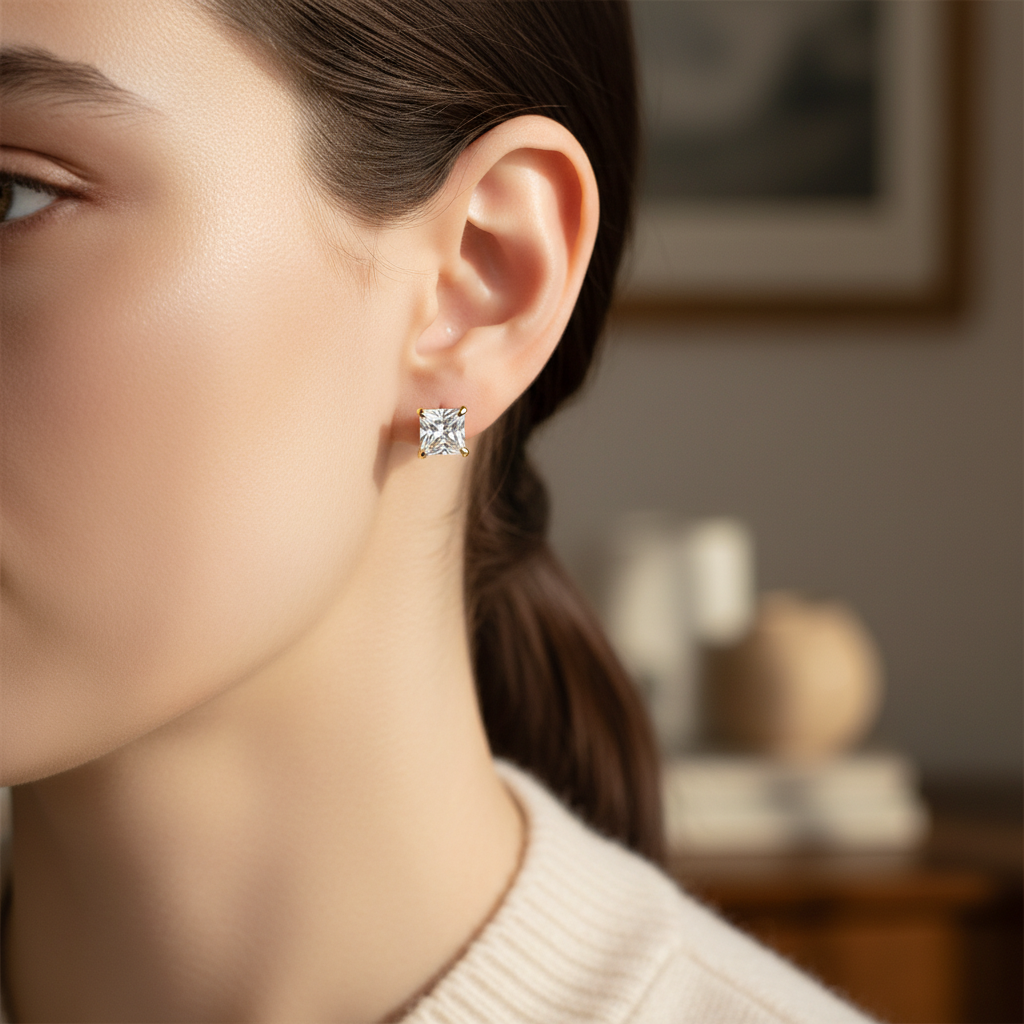 Lab Grown Diamond Princess 4-Prong Stud Earrings · 2ct tw — portrait close — 14K Yellow Gold