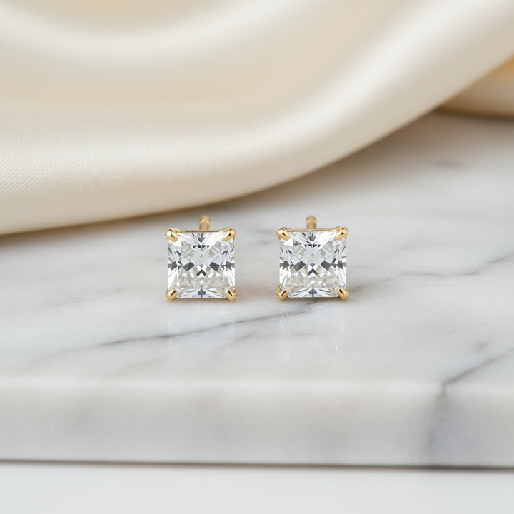 Natural Diamond Princess V-Prong Stud Earrings · 3ct tw — 14K Yellow Gold