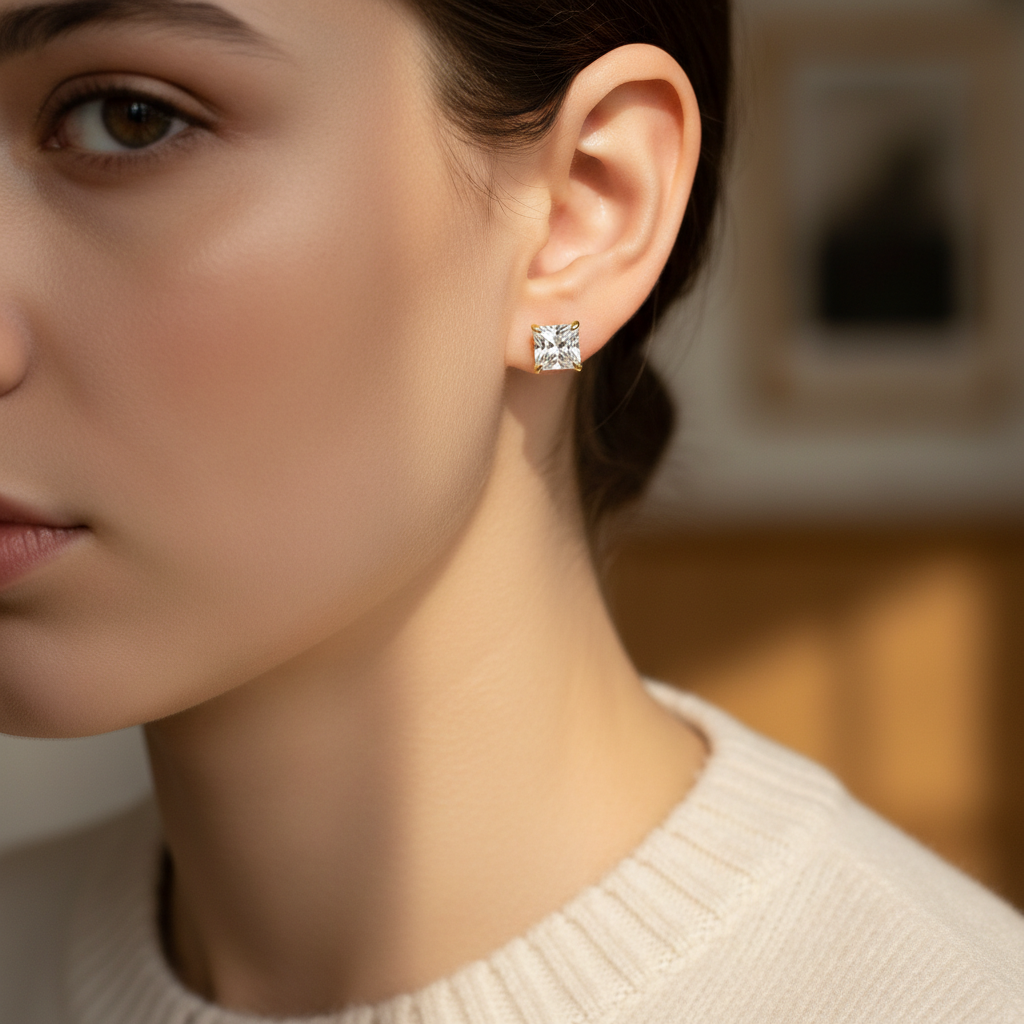 Natural Diamond Princess V-Prong Stud Earrings · 1ct tw — portrait close — 14K Yellow Gold