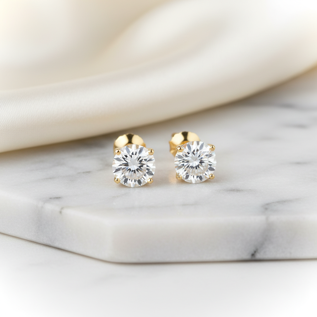1ct tw Round Brilliant Natural Diamond Stud Earrings, Martini — 14K Yellow Gold