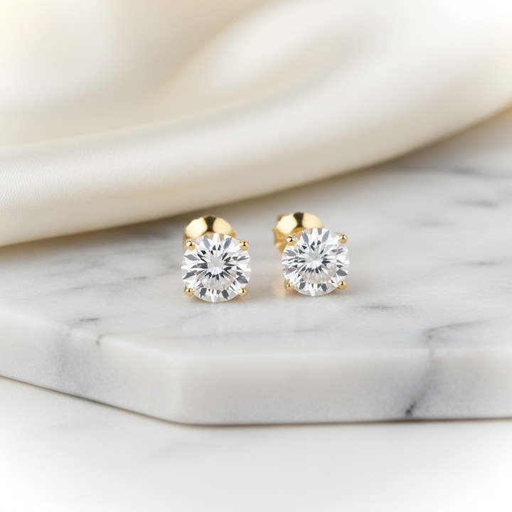 4ct tw Round Brilliant Natural Diamond Stud Earrings, Martini — 14K Yellow Gold