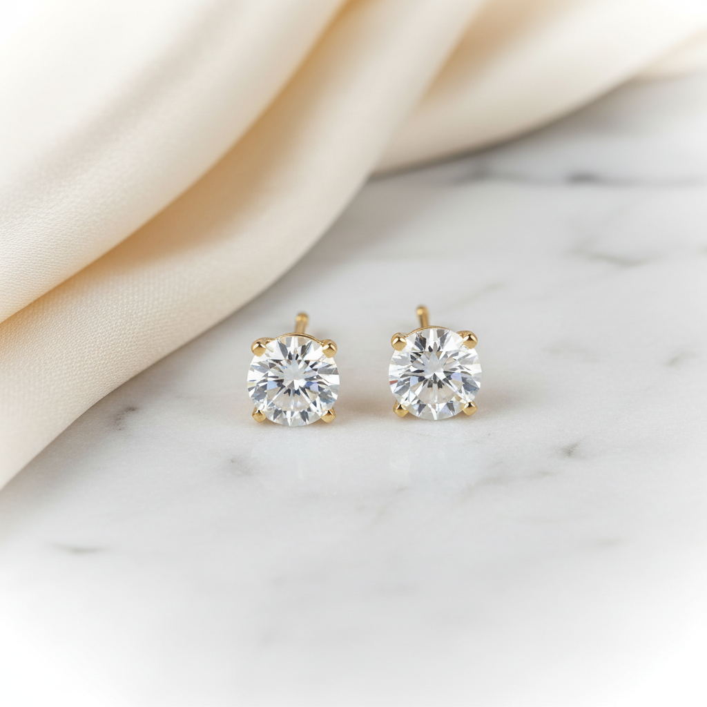 3ct tw Round Brilliant Natural Diamond Stud Earrings, 4-Prong — 14K Yellow Gold