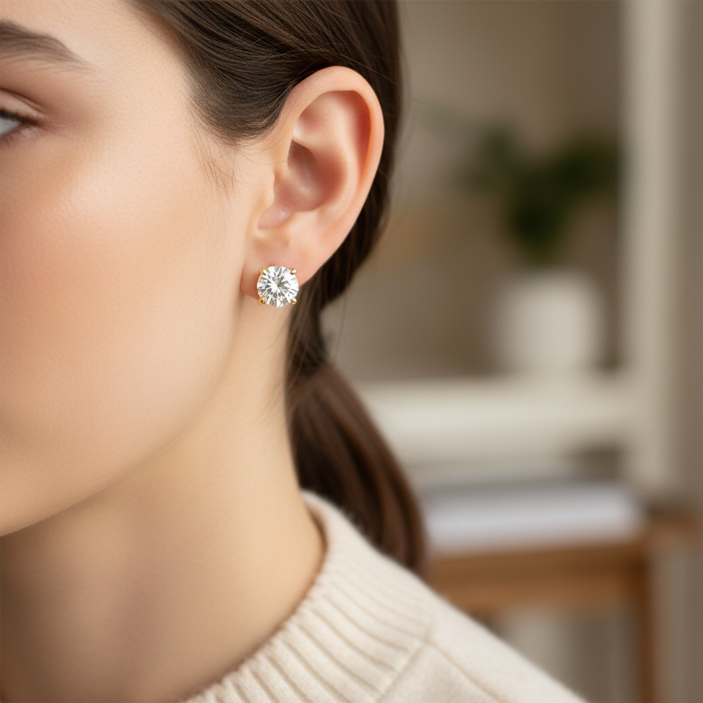 4ct tw Round Brilliant Natural Diamond Stud Earrings, 4-Prong — portrait close — 14K Yellow Gold