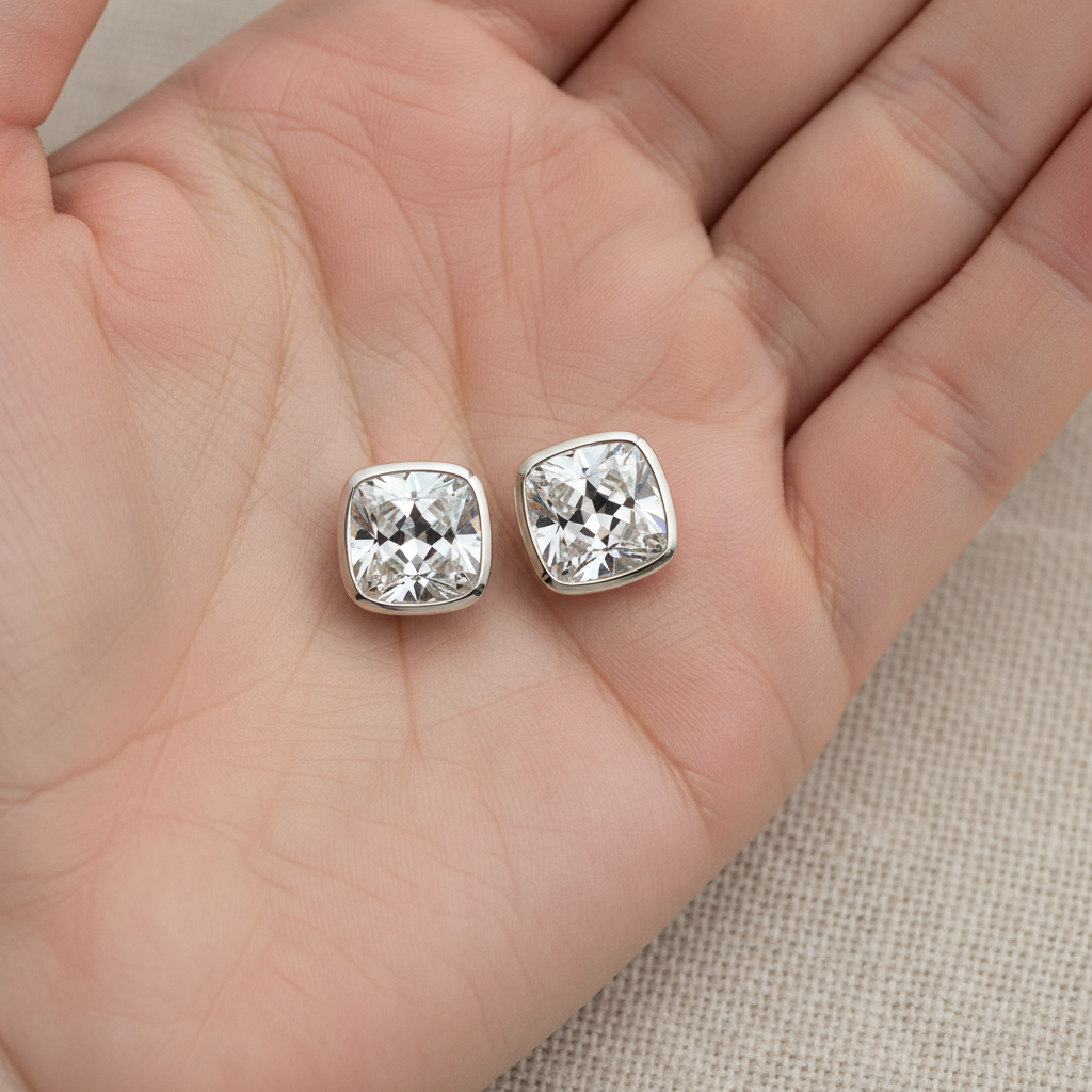 ต่างหูเพชร ทรงคุชชั่น ฝังหุ้มขอบ ตัวเรือนทองคำขาว 14K จาก RockHer