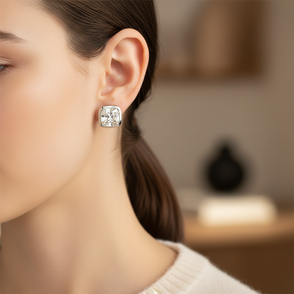 ต่างหูเพชร ทรงคุชชั่น ฝังหุ้มขอบ ตัวเรือนทองคำขาว 14K จาก RockHer