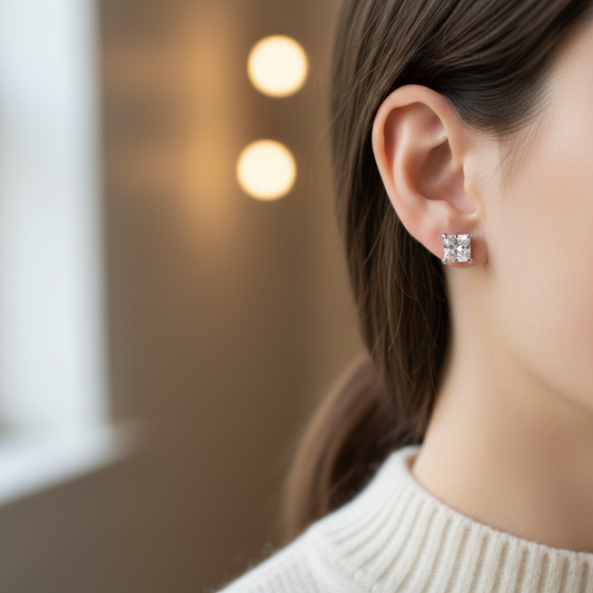 Natural Diamond Princess 4-Prong Stud Earrings · 3ct tw — portrait close — Platinum