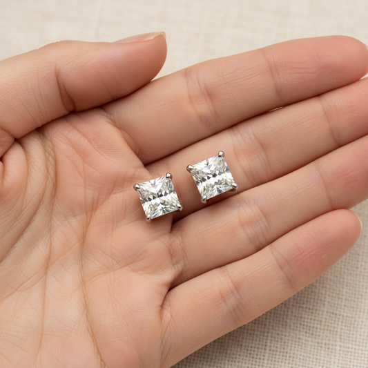 Lab Grown Diamond Princess V-Prong Stud Earrings · 4ct tw — hand full — Platinum