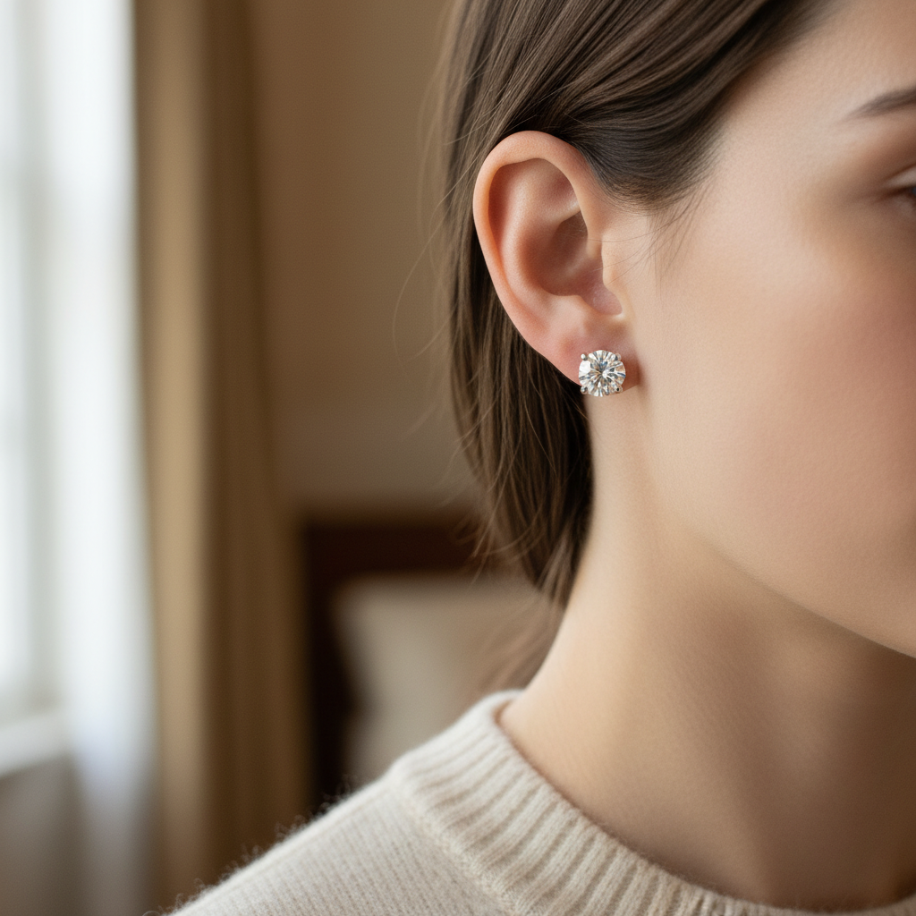 1ct tw Round Brilliant Natural Diamond Stud Earrings, 4-Prong — portrait close — Platinum