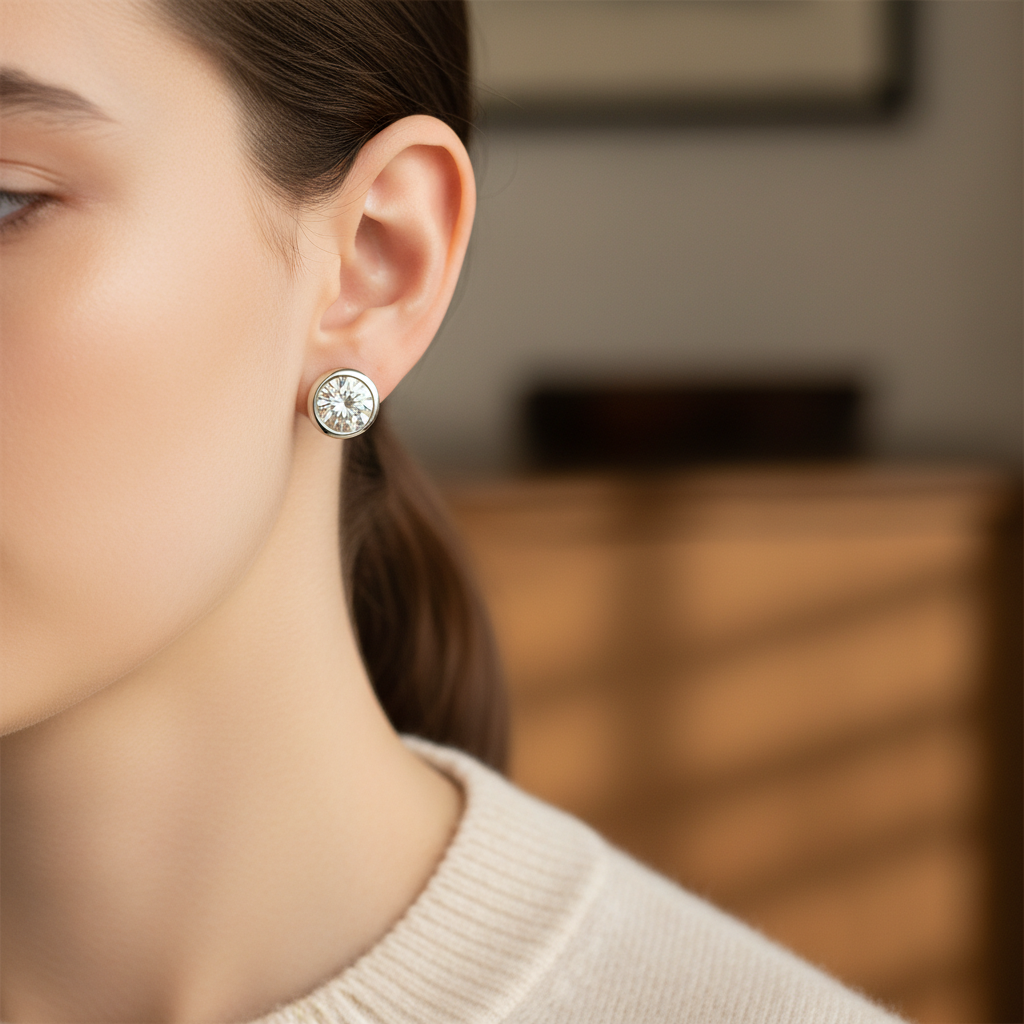 ต่างหูเพชร ทรงกลม ฝังหุ้มขอบ ตัวเรือนทองคำขาว 14K จาก RockHer