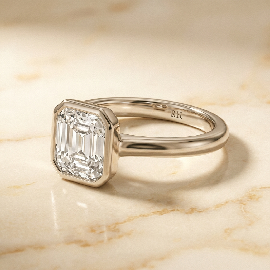 The Agnes Select bezel solitaire square emerald engagement ring in 18k white gold — alt-angle hero — RockHer
