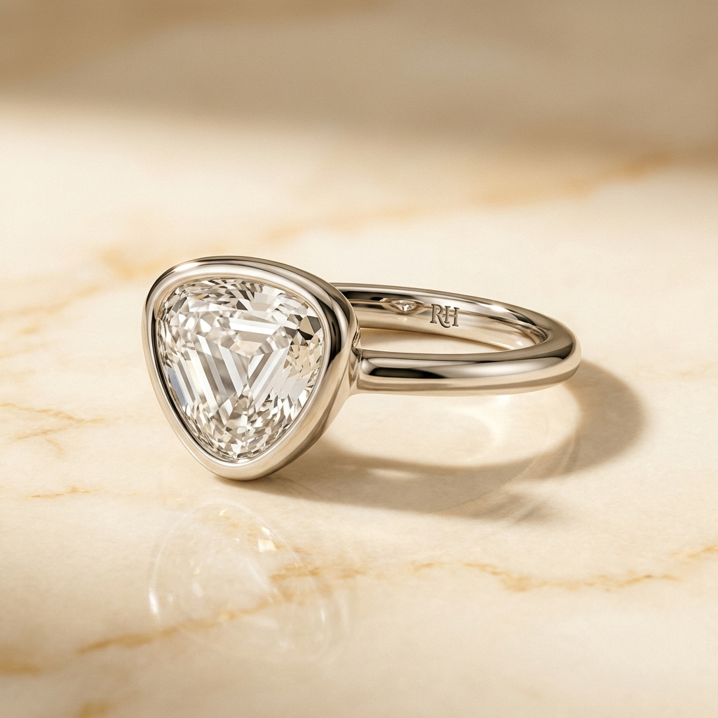 The Agnes Select bezel solitaire shield engagement ring in platinum — alt-angle hero — RockHer