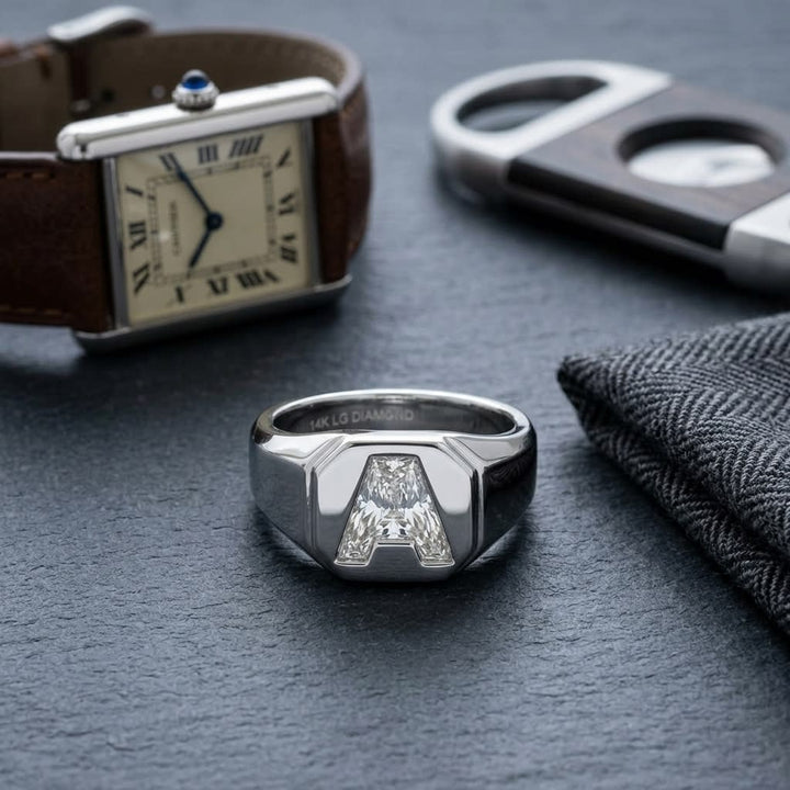 Diamond Letter Signet Ring - Platinum, on walnut surface with pocket square