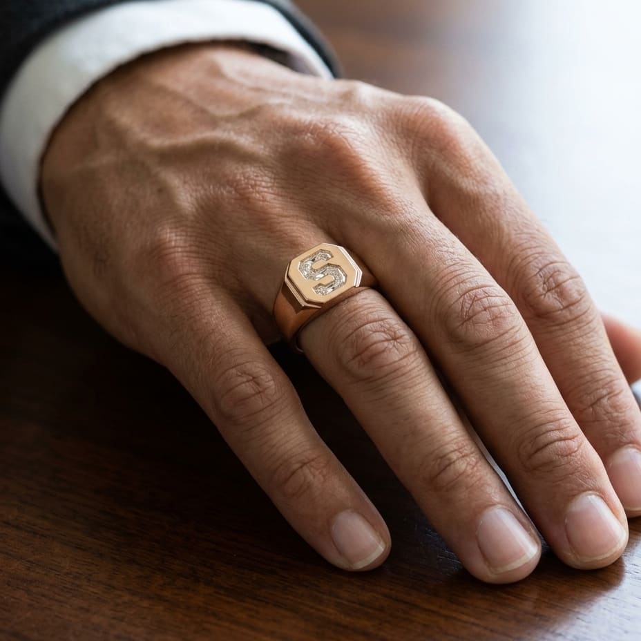 Diamond Letter Signet Ring - 14K Rose Gold, worn on hand, masculine close-up