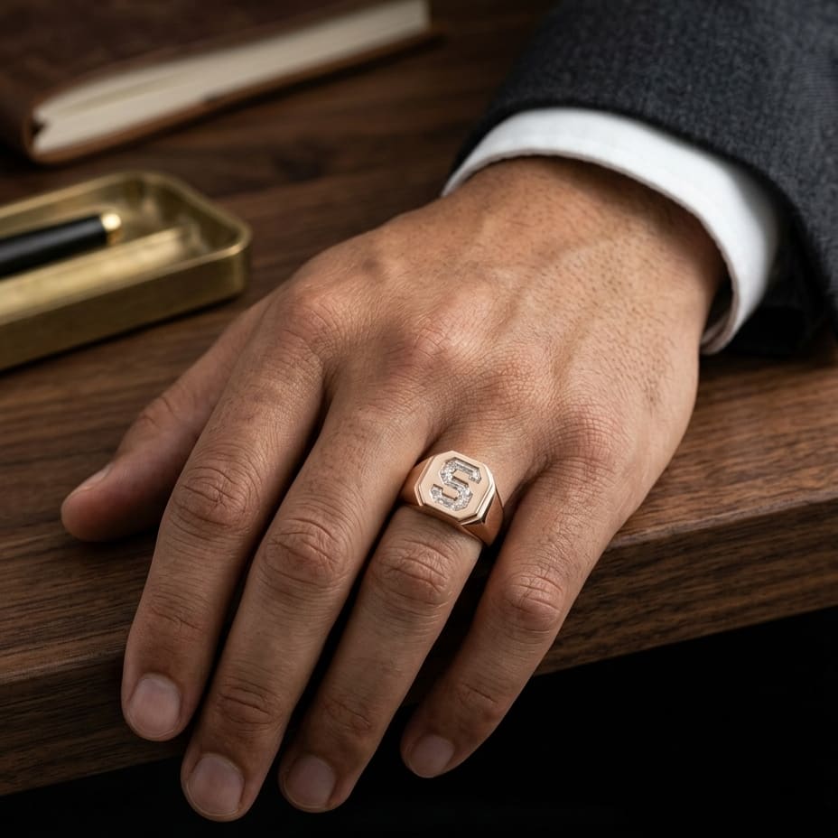 Diamond Letter Signet Ring - 14K Rose Gold, worn on hand, masculine full view