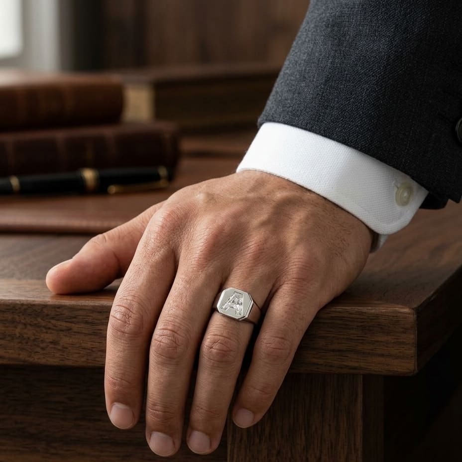 Diamond Letter Signet Ring - 14K White Gold, worn on hand, masculine full view
