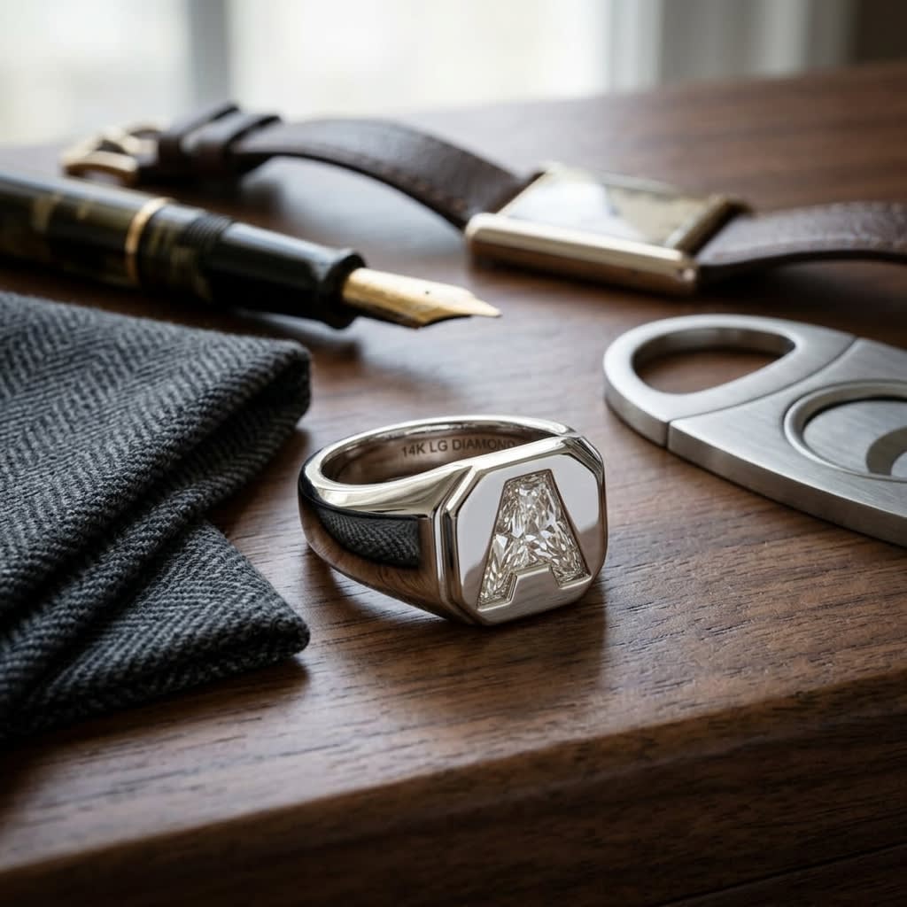 Diamond Letter Signet Ring - 14K White Gold, on walnut surface with pocket square