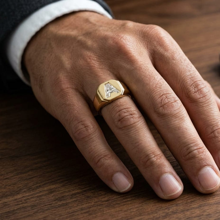 Diamond Letter Signet Ring - 14K Yellow Gold, worn on hand, masculine close-up