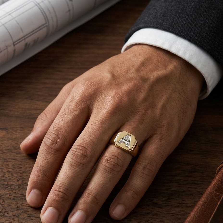 Diamond Letter Signet Ring - 14K Yellow Gold, worn on hand, masculine full view