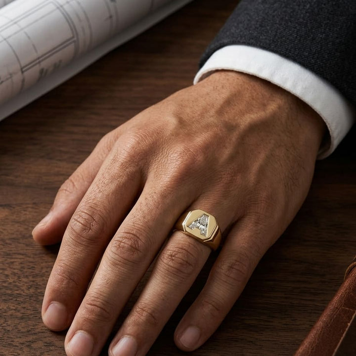 Diamond Letter Signet Ring - 14K Yellow Gold, worn on hand, masculine full view